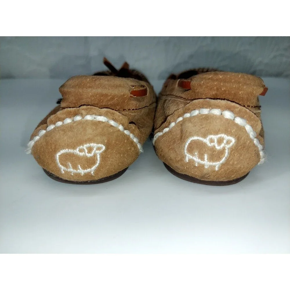 Lam Kids Moccasin Style Faux Fur Brown Suede Hard Sole Slipper Sz 1Y